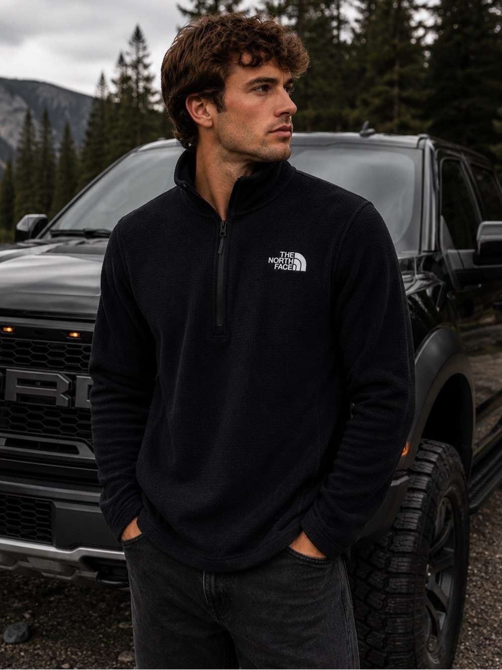 🏔️THE NORTH FACE Men’s Black Waffle Knit Quarter Zip Fleece Pullover - XXL/TTG
